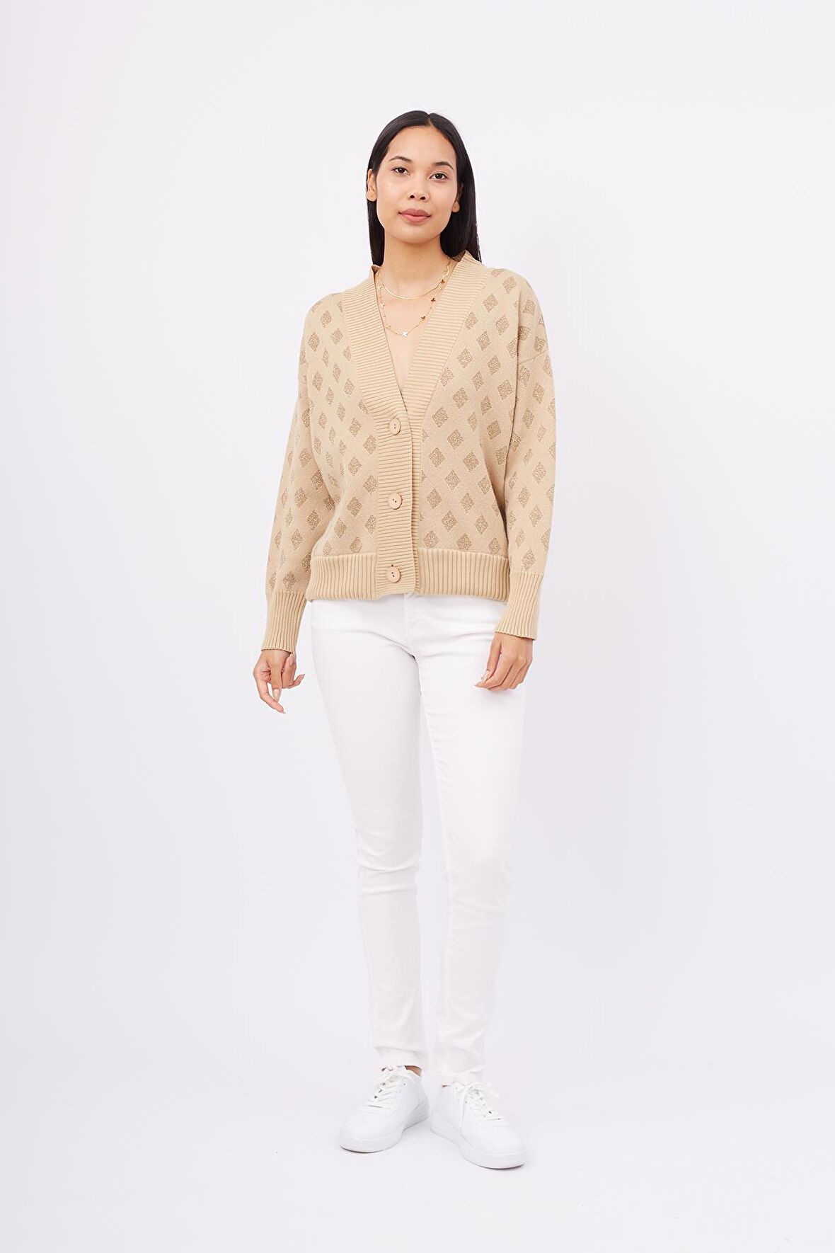 Peraluna MADRIGAL JACKET Simli Diamond Desenli Geniş Kalıp Kadın Triko Hırka - Bej