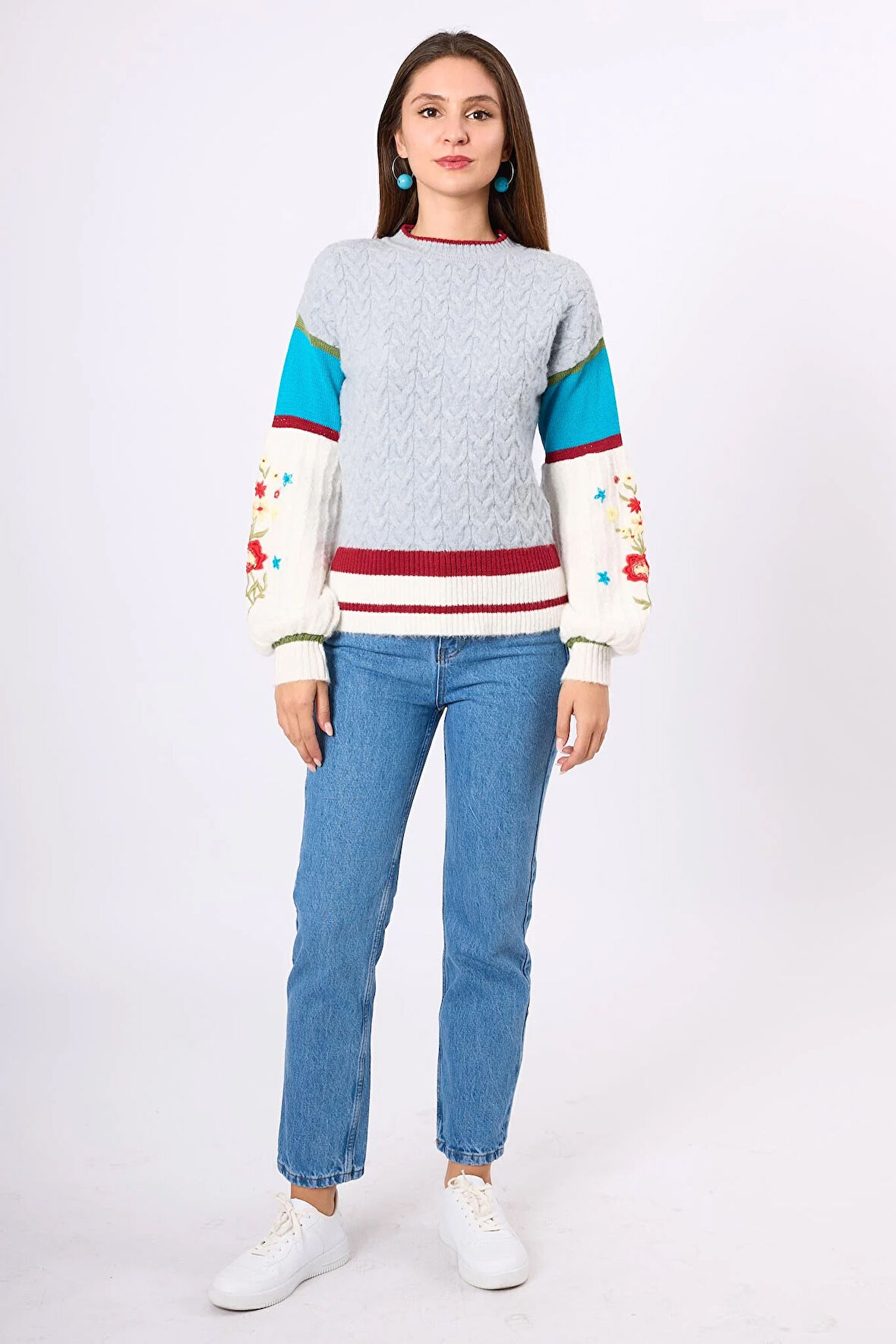 Peraluna Aurora Rahat Kesim Kadın Triko Kazak - Gri/Mavi/Multi