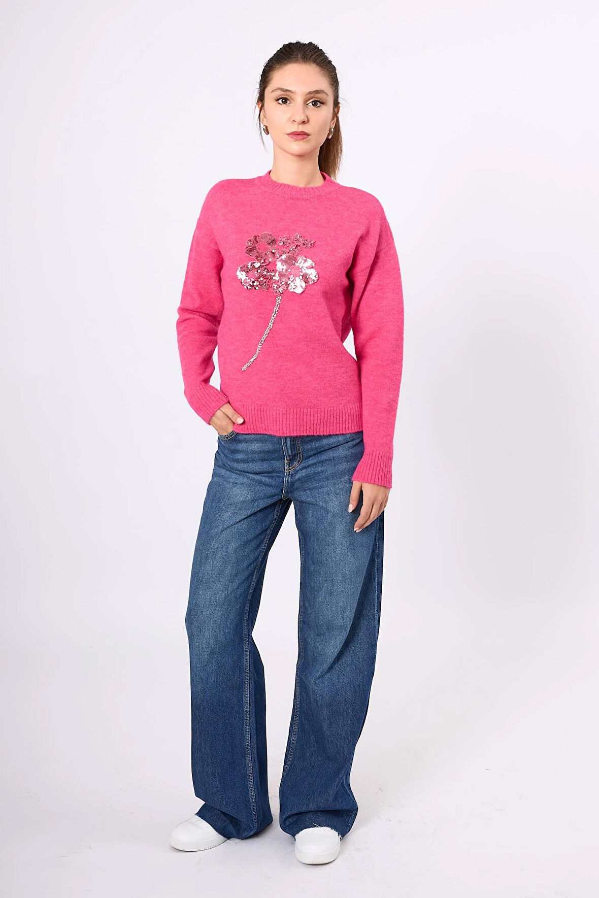 Peraluna Lorna Boncuk İşlemeli Kadın Triko Kazak - Fuşya