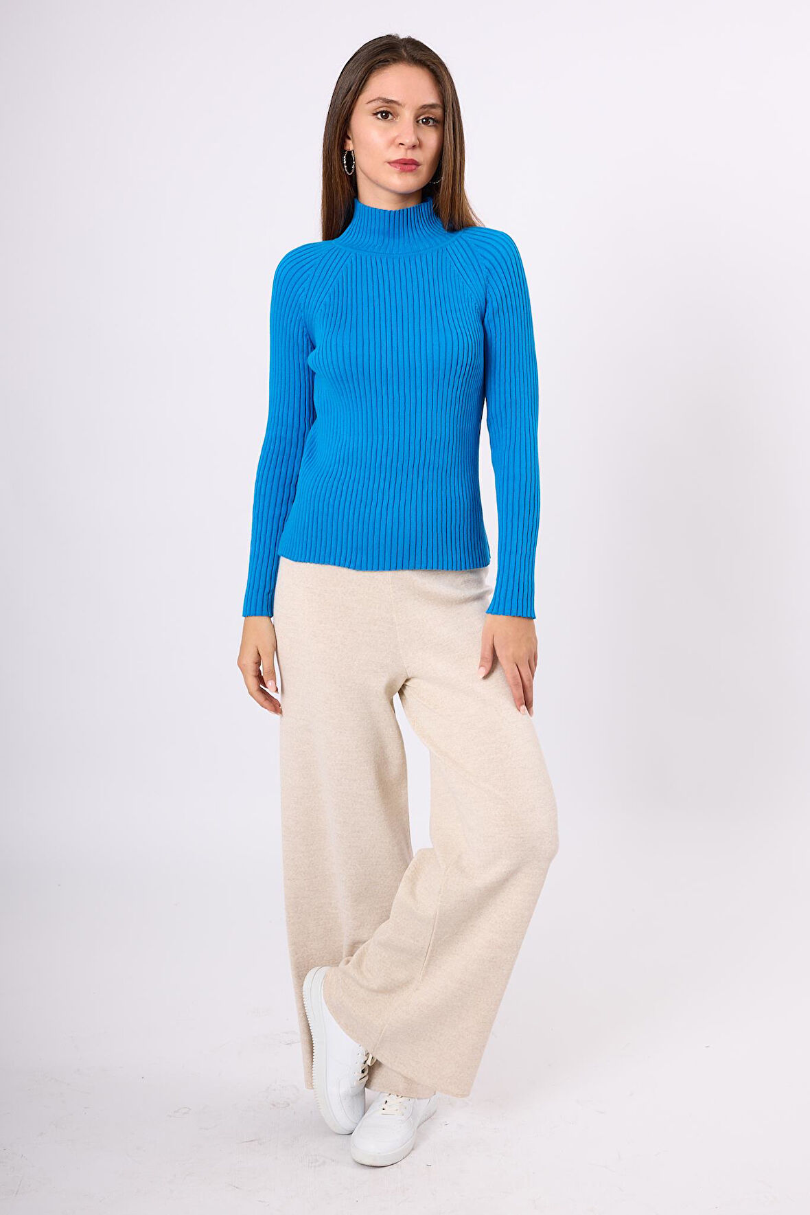 Peraluna Britta Rib Örgü Fit Kalıp Kadın Triko Kazak - Mavi