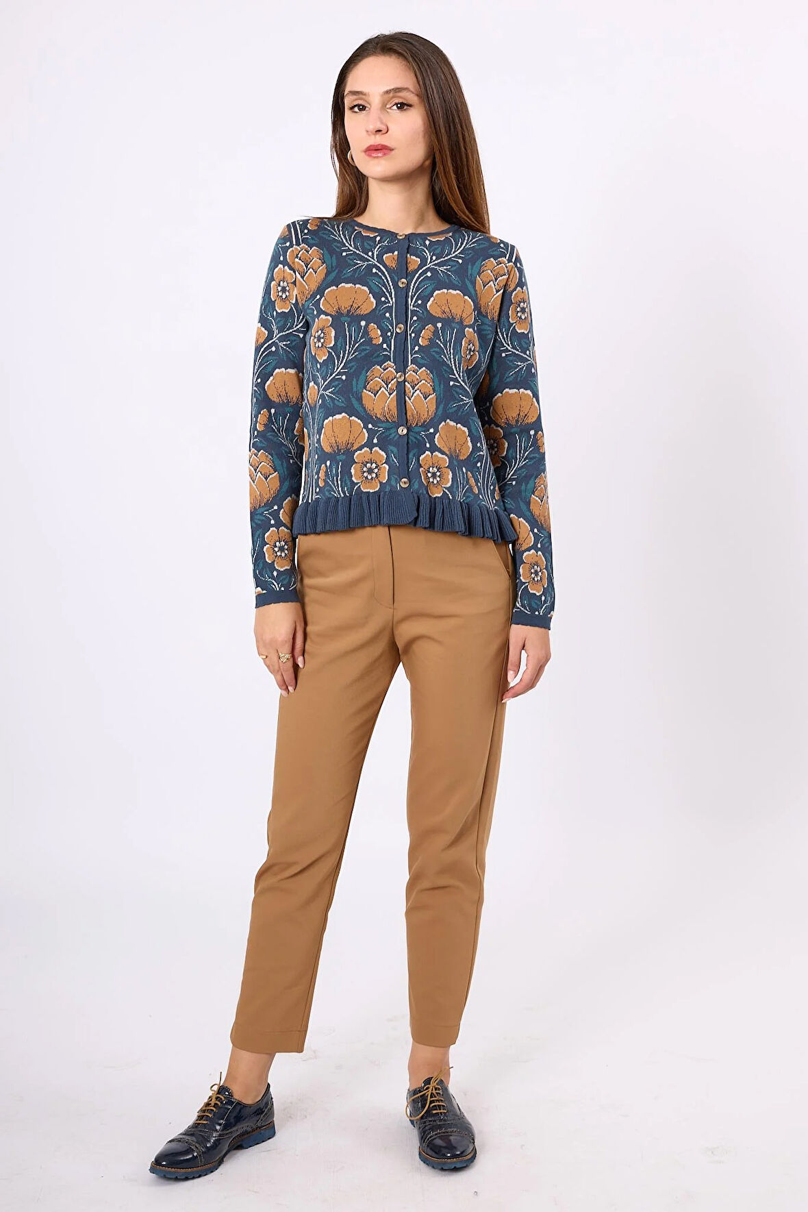 Peraluna Felicity Çiçek Jakarlı  Kadın Triko Hırka - İndigo Multi