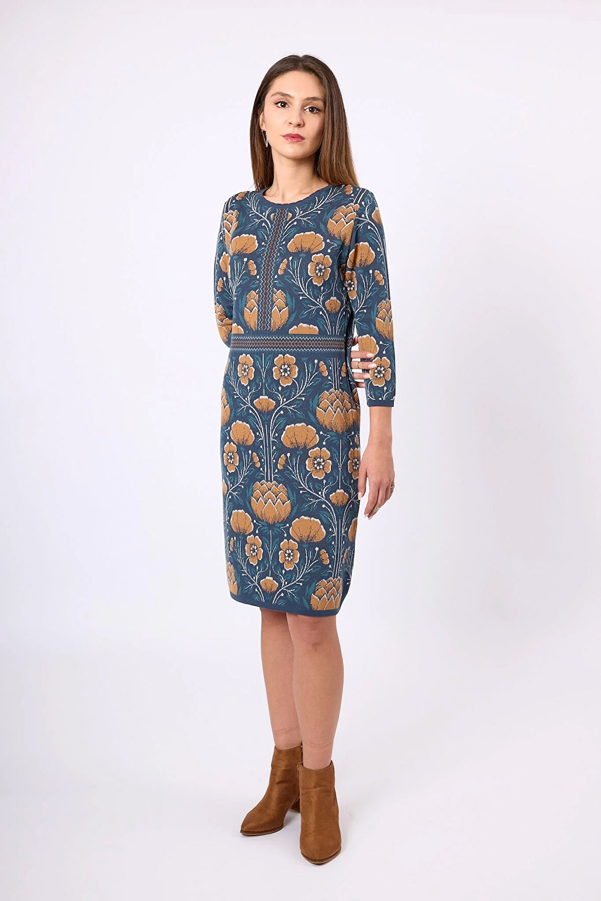 Peraluna Felicity Çiçek Jakarlı Kadın Triko Elbise - İndigo Multi