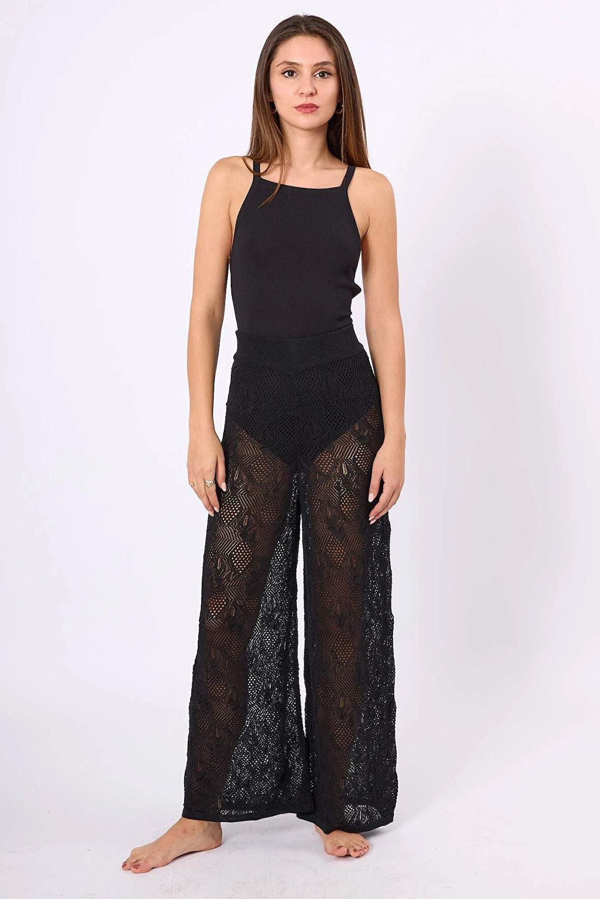 Peraluna EMMA TROUSER Dantel Desen Örgülü Geniş Midi Boy Kadın Triko Pantolon - Siyah