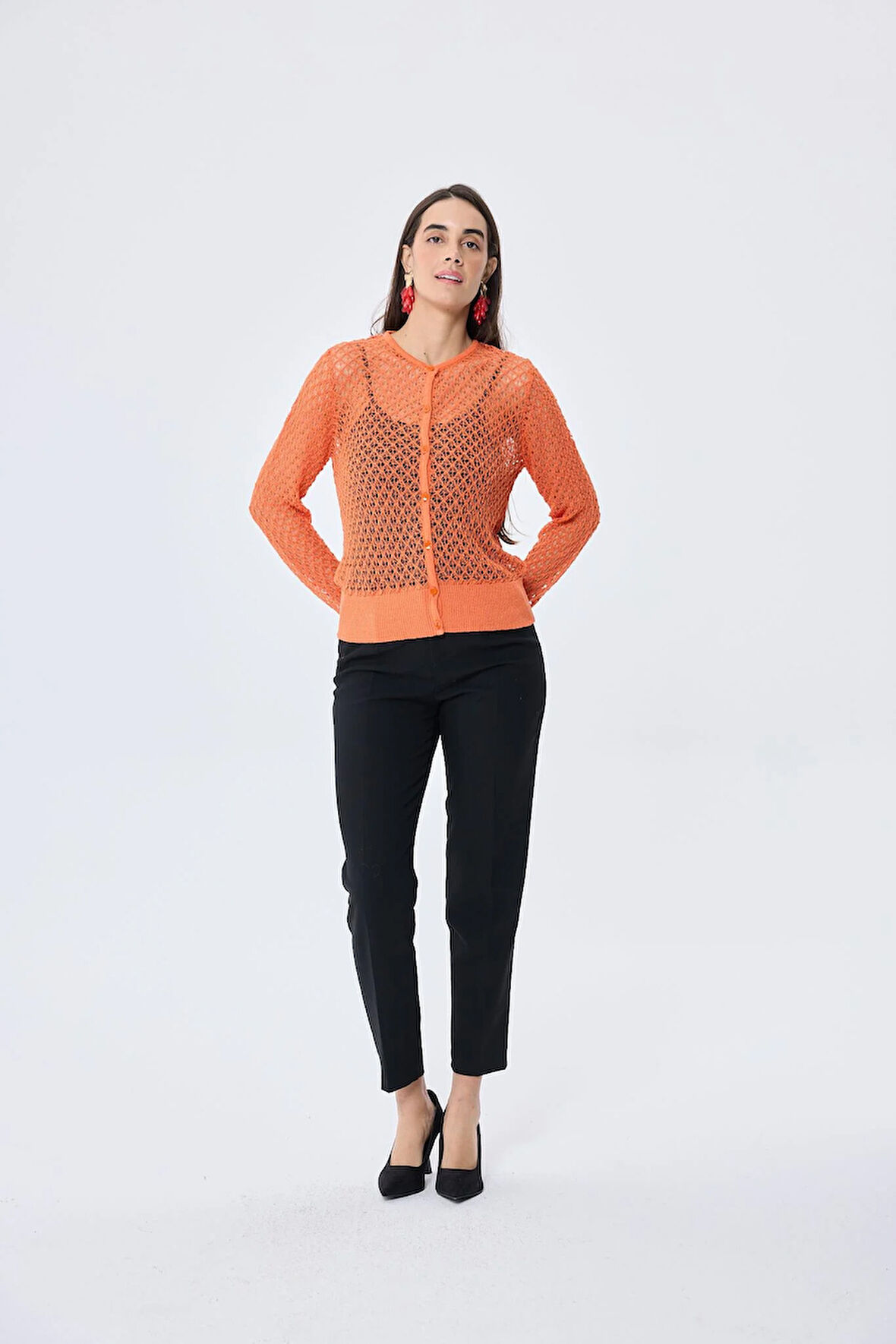 Peraluna Addison Ajur Örgülü Kadın Triko Hırka - TURUNCU