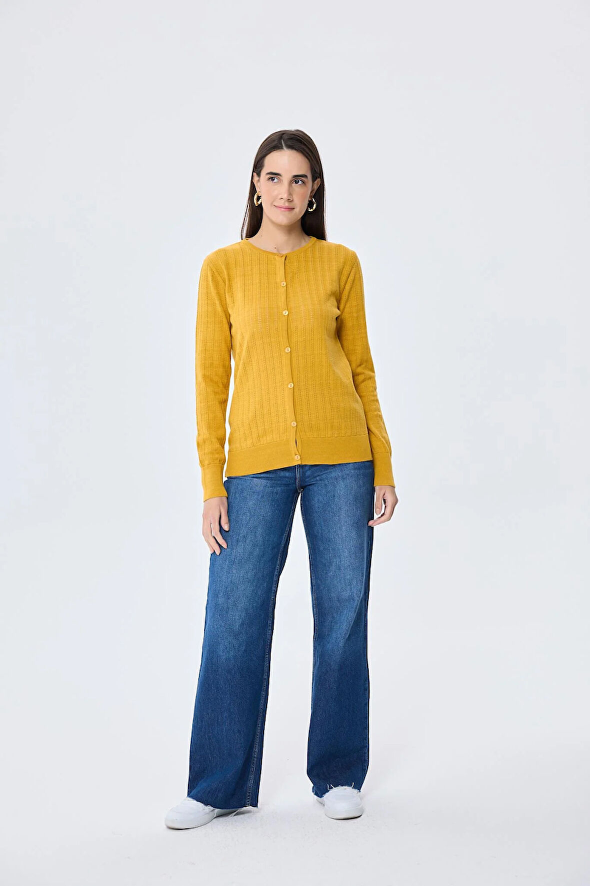 Peraluna Celine, Ajur Örgülü Kadın Triko Hırka - HARDAL