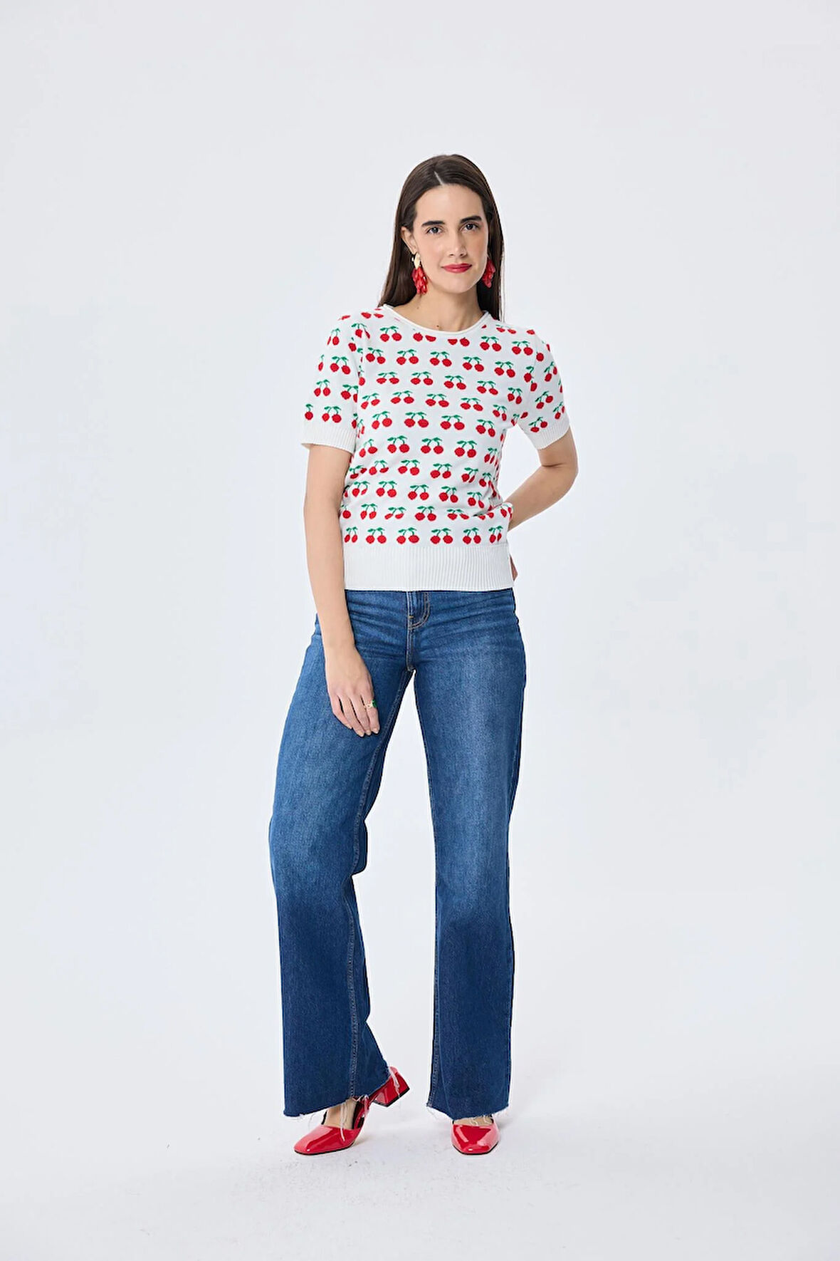 Peraluna Alice's Cherry, Kiraz Desenli Kadın Triko Yazlık Bluz  - EKRU MULTİ