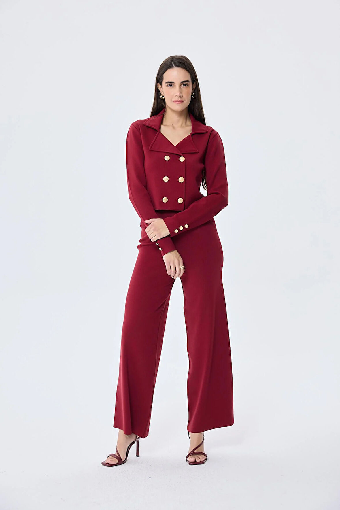 Styleboom X Peraluna KATHY BLAZER Çelik Örgü Crop Kruvaze Blazer Kadın Triko Ceket - Bordo