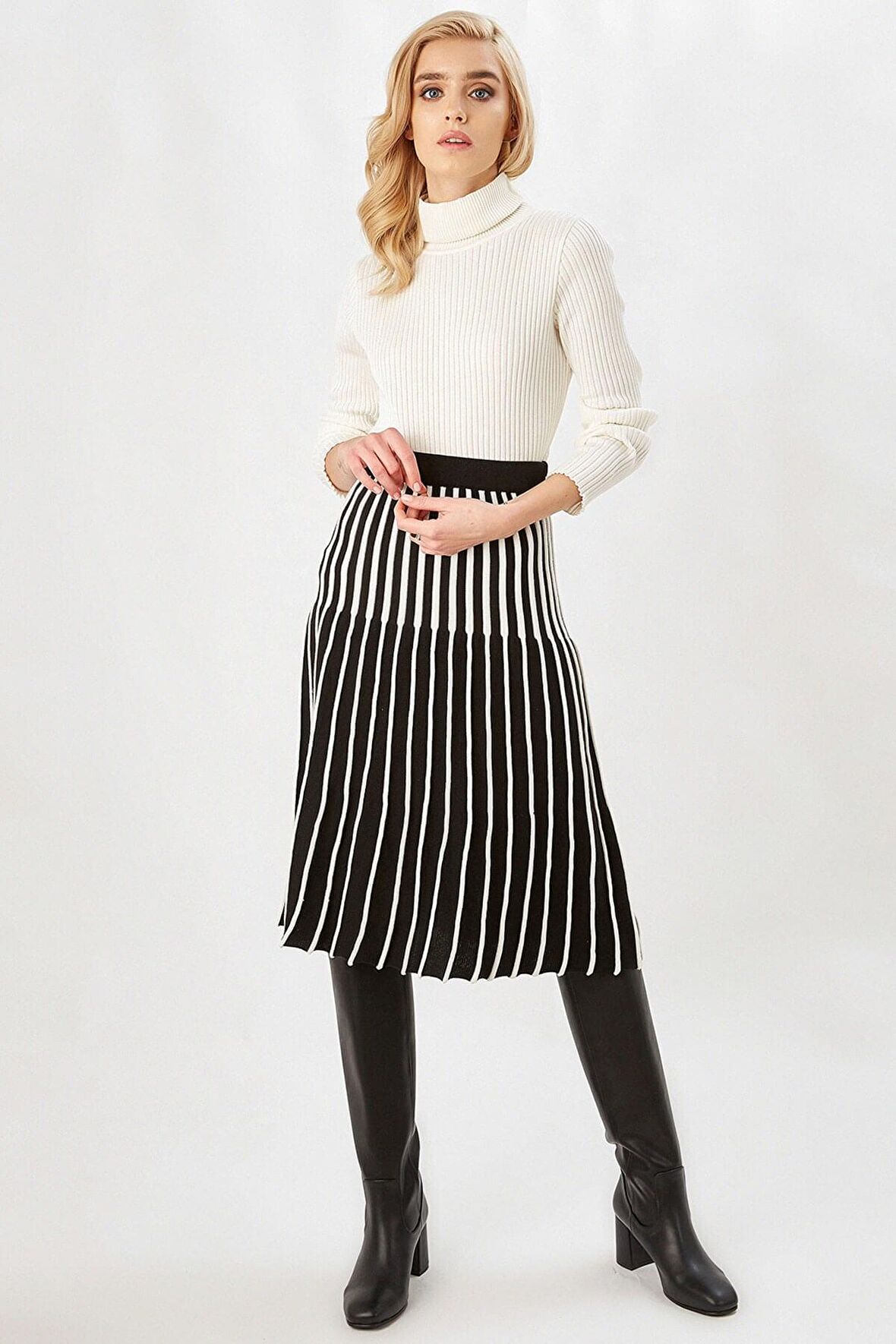 Peraluna Midi Boy Çizgili Çan Etek
