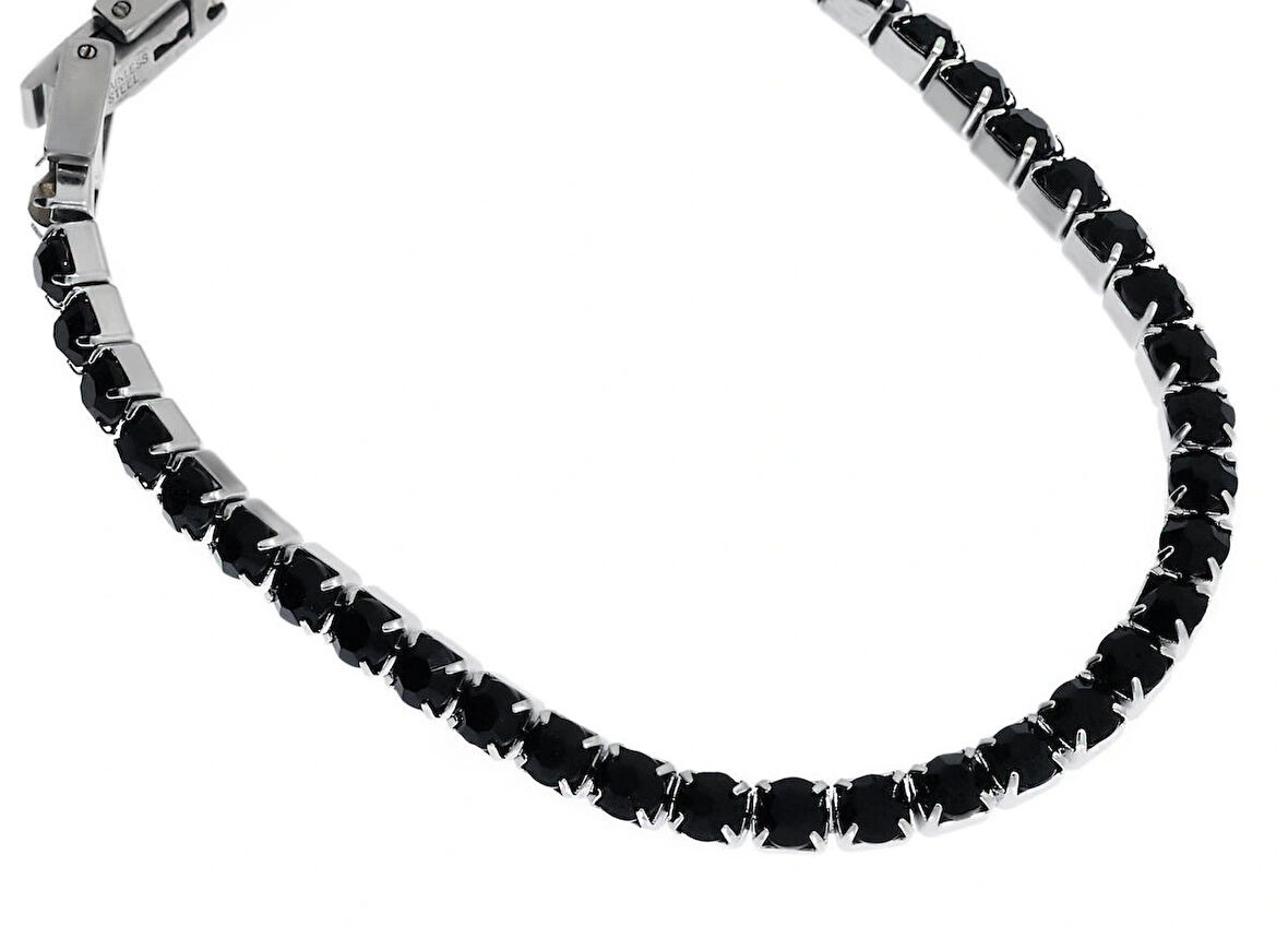 Kadın Siyah Taş Detay Çelik Su Yolu Bileklik