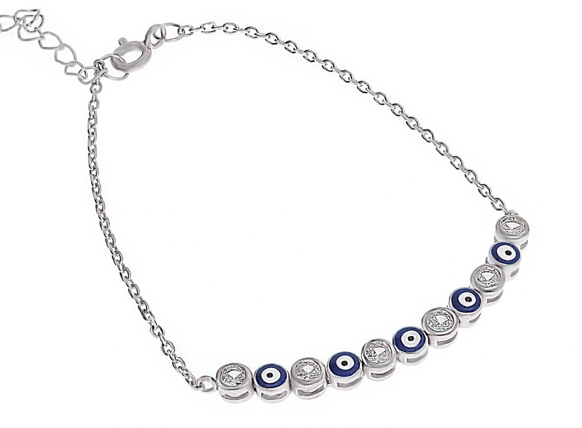 Kadın Nazar Boncuğu ve Taş Detay Gümüş Bileklik