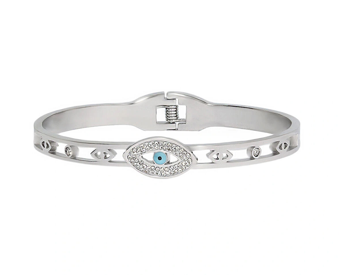 Kadın Göz Model Nazar Boncuğu ve Tektaş Detay Çelik Bilezik