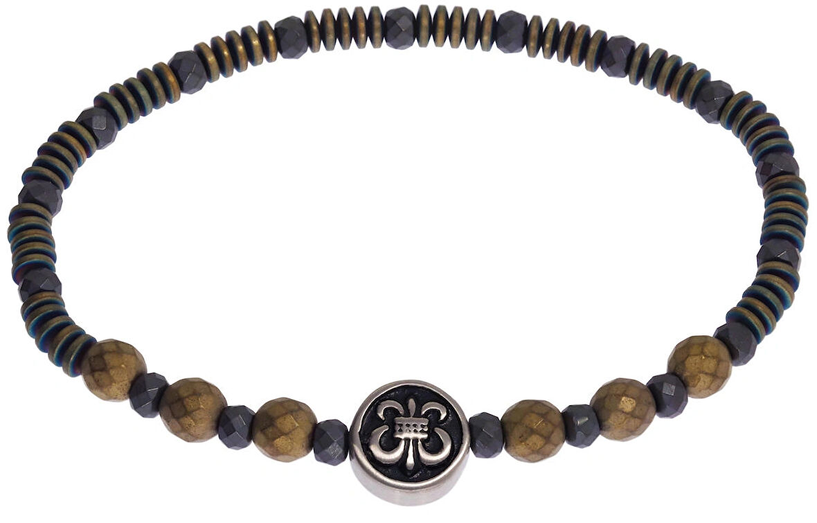 Erkek Kahvemsi ve Yeşilimsi Sembol Detay Doğal Taş Boncuk Bileklik