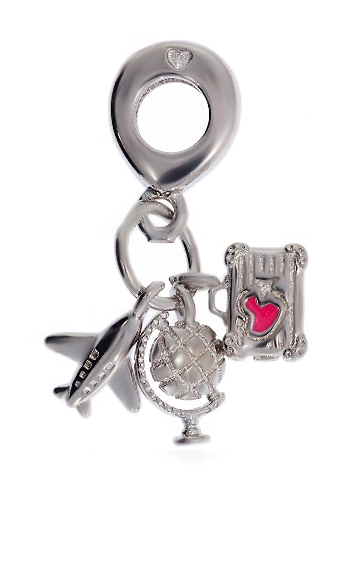 Kadın Seyahat Temalı Uçak Valiz Dünya Model Gümüş Charm