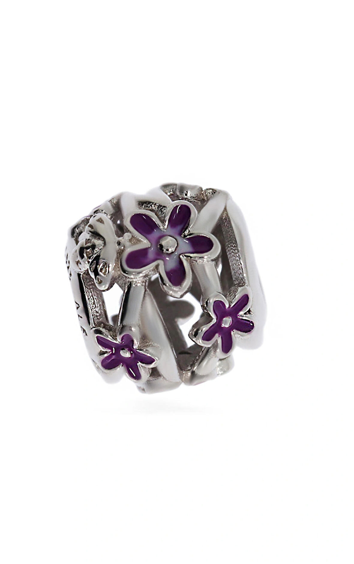 Kadın Mor Çiçeklerle Çevrili Gümüş Top Charm