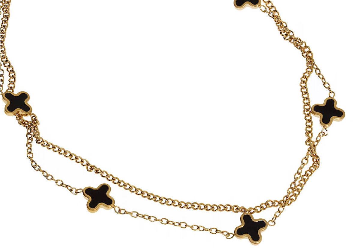 Kadın Siyah Yonca Detay İkili Zincir Çelik Halhal