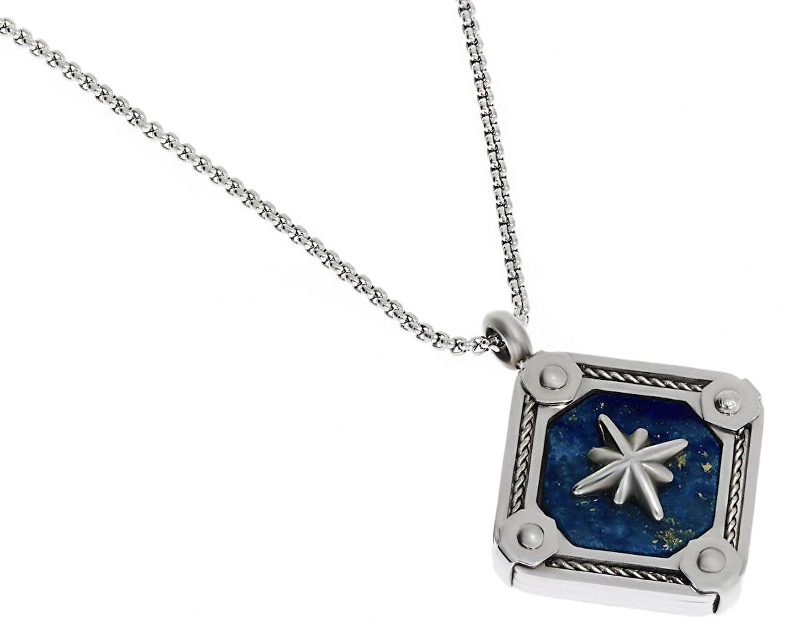 Erkek Kuzey Yıldızı Model Mavi Renk Detay Çelik Kolye