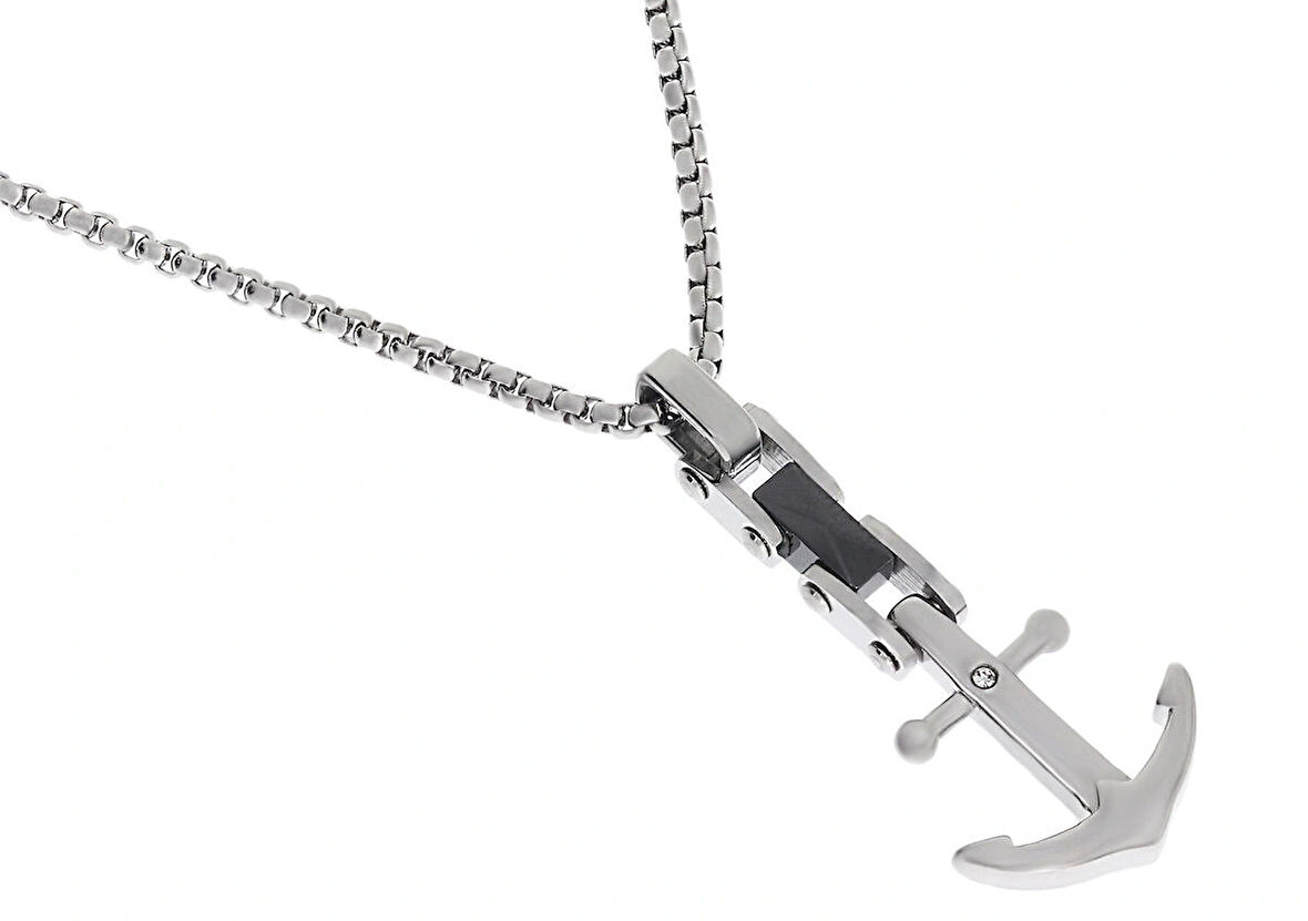 Erkek Gümüş Çapa Model Tektaş Detay Çelik Kolye