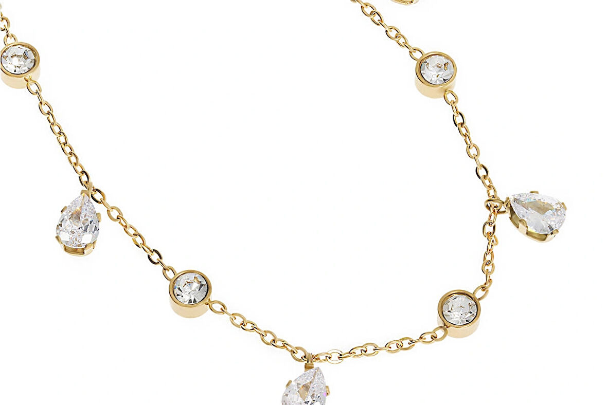 Kadın Sıralı Damla ve Yuvarlak Taş Detay Gold Renk Çelik Halhal