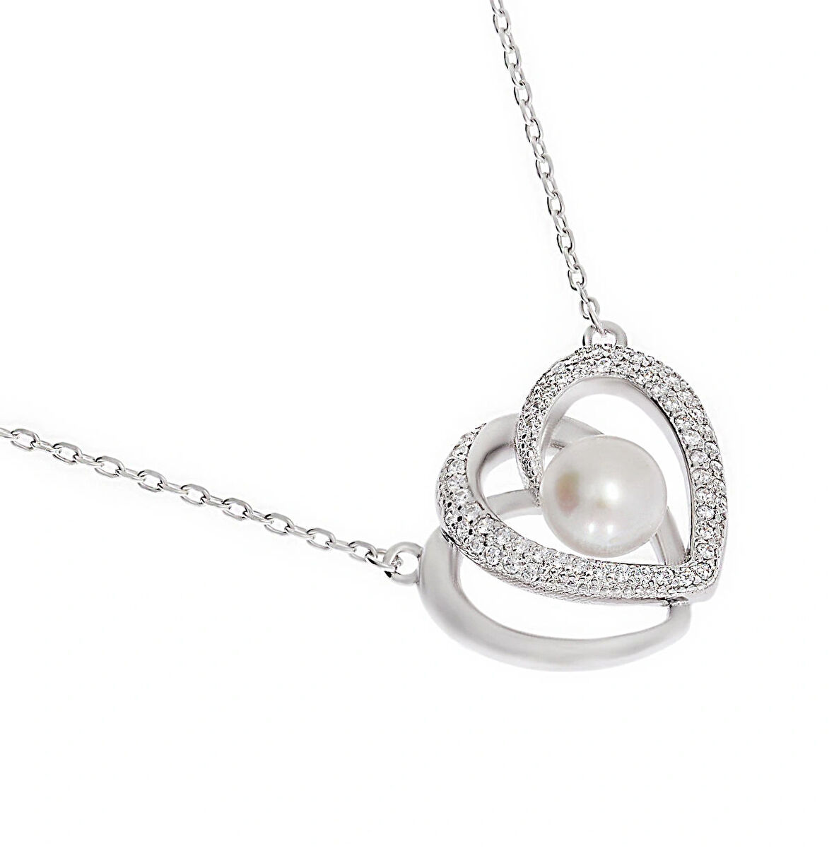 Kadın Kalp Model Taşlı ve İnci Detay Gümüş Kolye