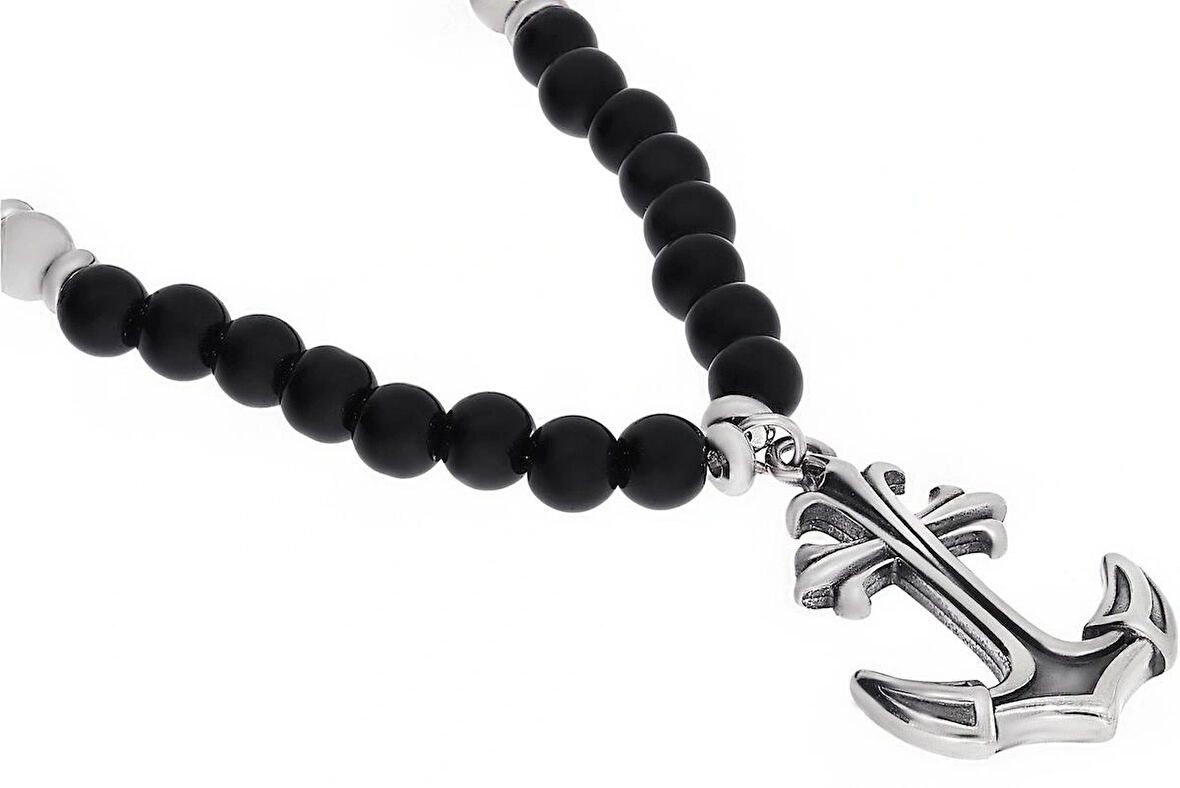 Erkek Çapa Model Siyah Boncuk Detay Çelik Kolye