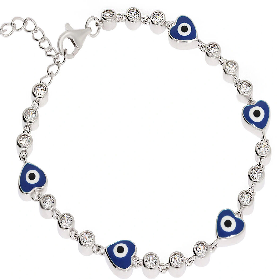 Kadın Sıralı Taşlı Nazar Boncuklu Kalp Model Gümüş Bileklik