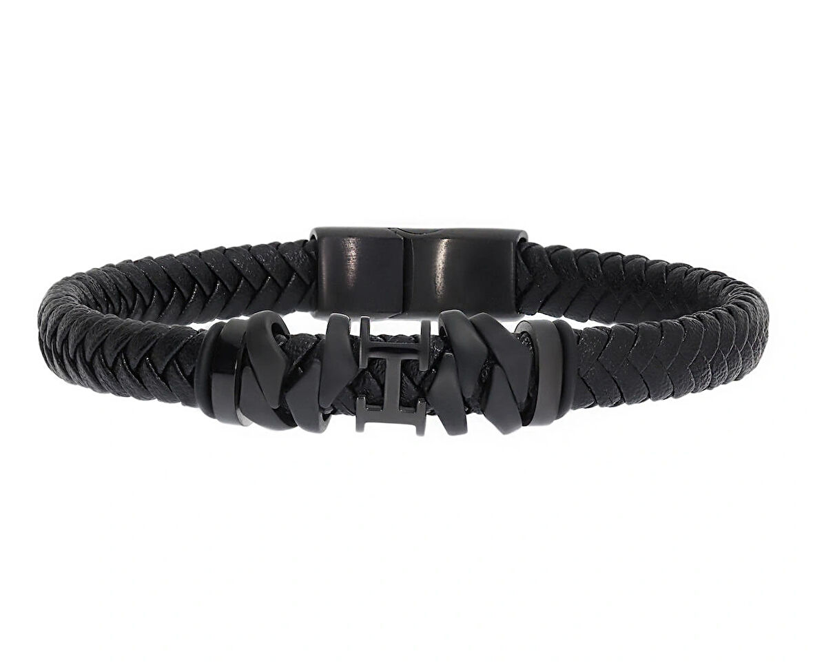 Erkek Sembol Detay Siyah Deri Bileklik