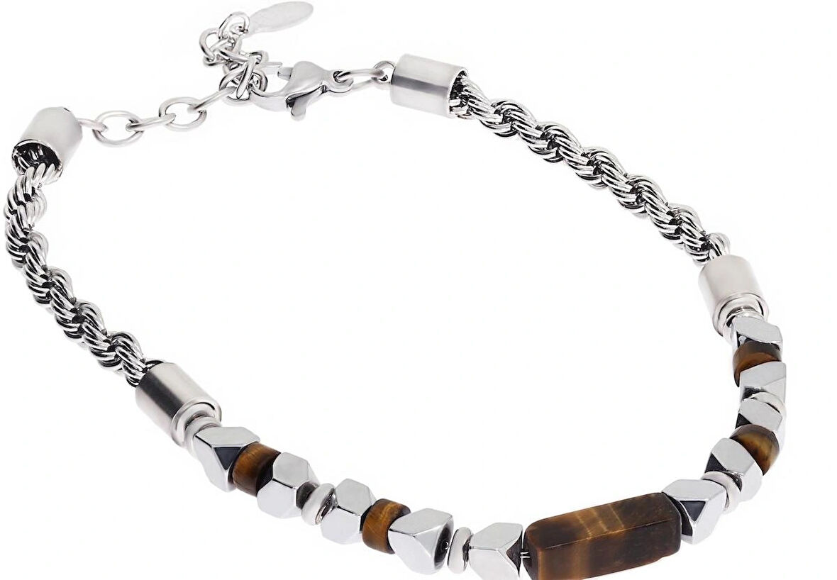 Erkek Kahverengi Taş Detay Çelik Bileklik