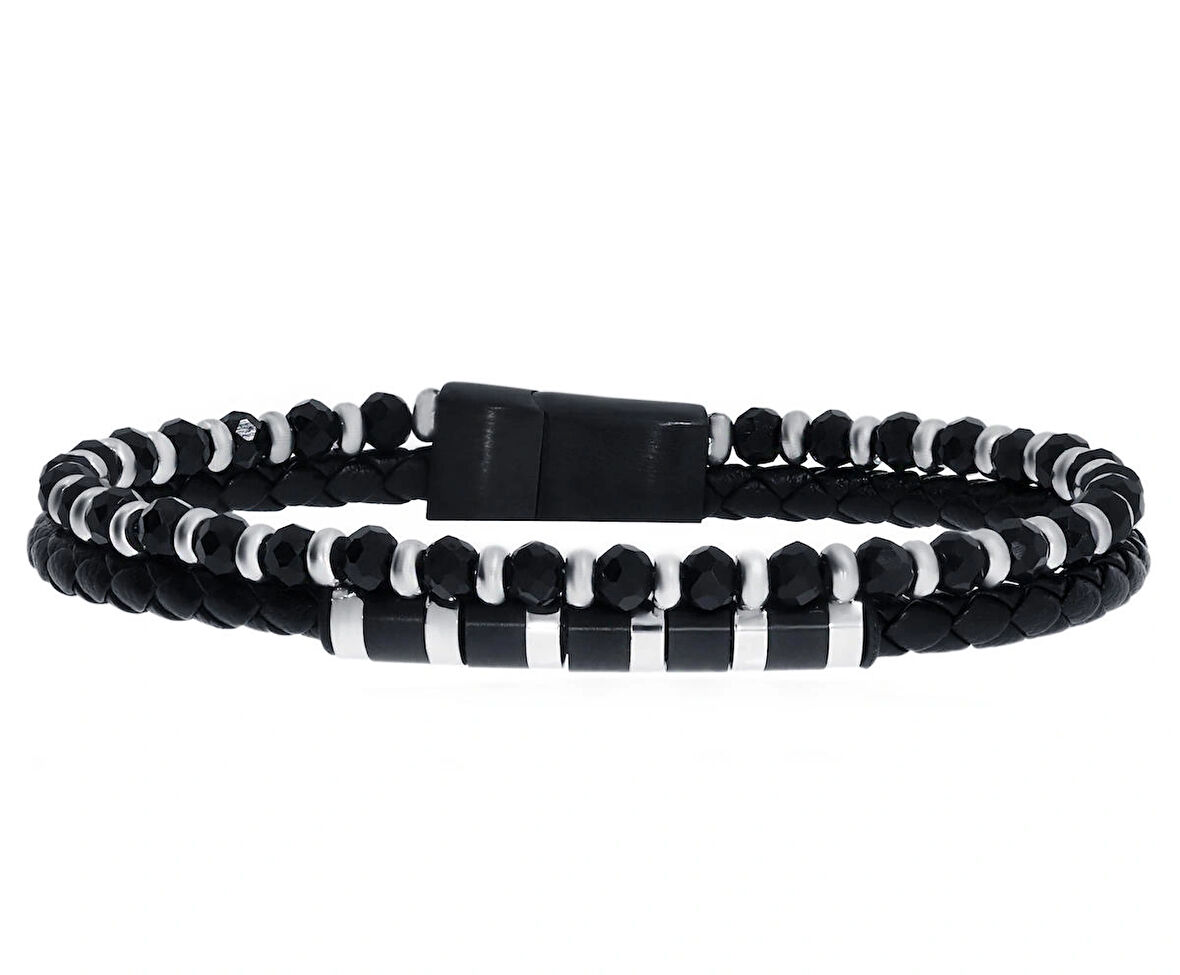 Erkek Siyah Boncuk ve Çelik Detay Deri Bileklik