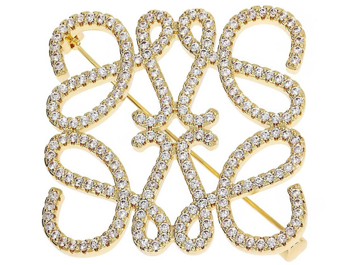 Kadın Love Model Taşlı Broş Gold