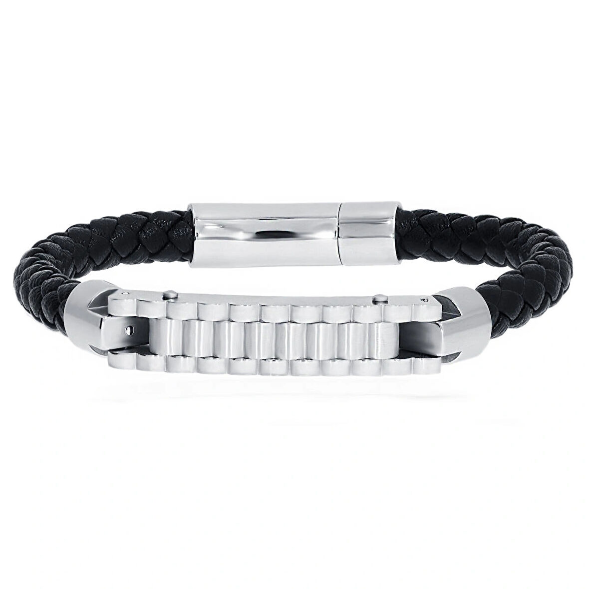 Erkek Dalgalı Silver Renk Çelik Plaka Detay Deri Bileklik