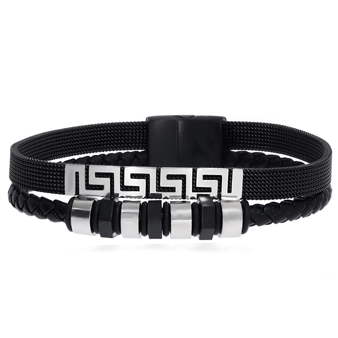 Erkek Dalga Desen Çelik Detay Deri Bileklik