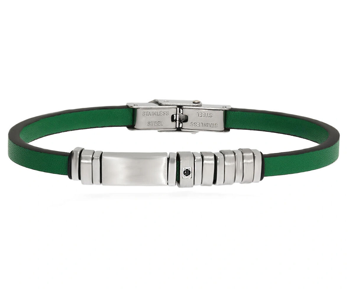 Erkek Çelik Detay Yeşil Renk Deri Bileklik
