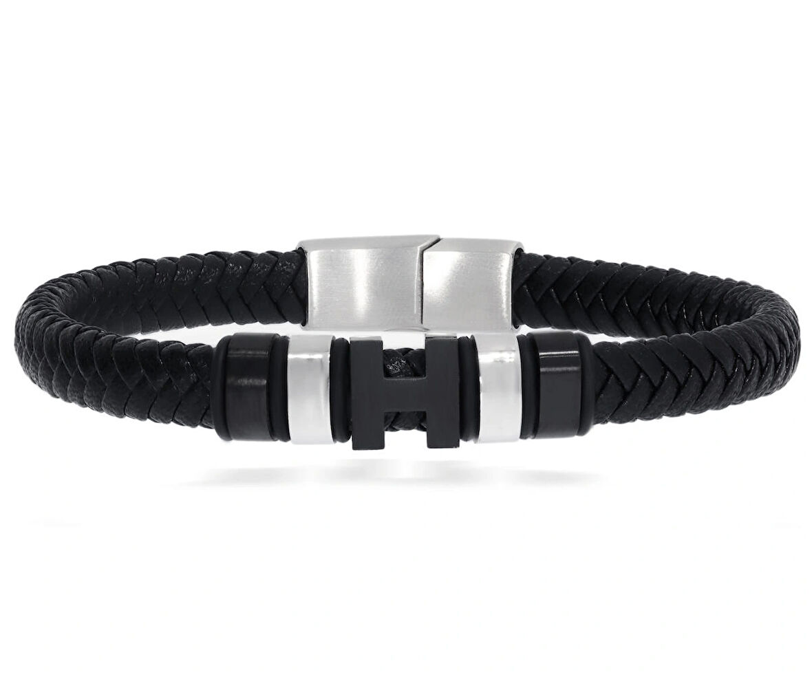 Erkek Siyah Harf ve Silver Renk Detay Deri Bileklik