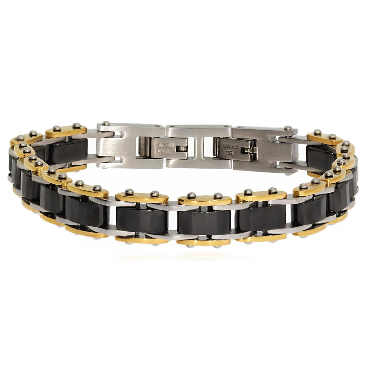 Erkek Siyah Seramik Model Gold Renk Detay Çelik Bileklik