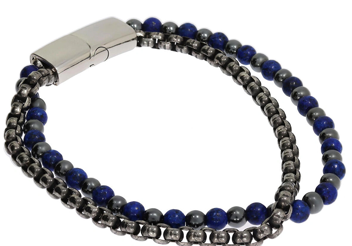 Erkek Zincir ve Lacivert Renk Boncuk Detay Çelik Bileklik