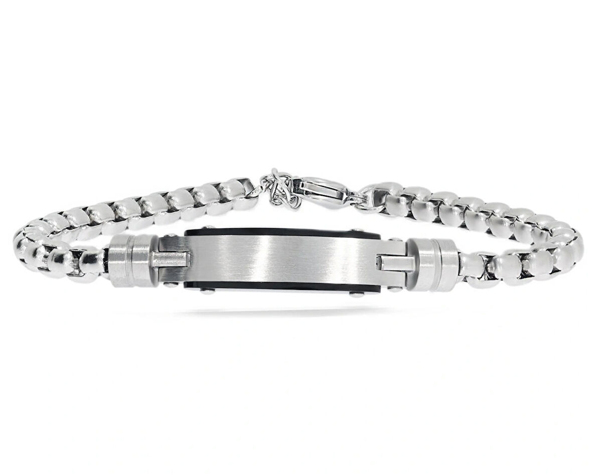 Erkek Silver Renk Plaka Detay Çelik Bileklik