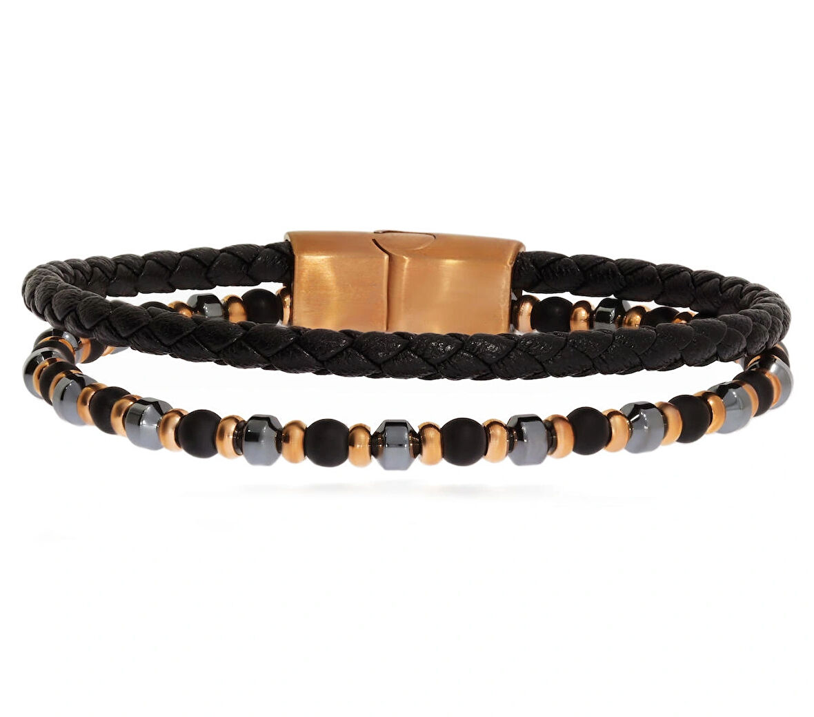 Erkek Rose Renk Boncuk Detay Deri Bileklik