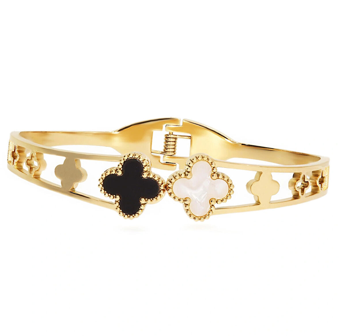 Kadın Siyah Ve Beyaz Yonca Model Çelik Bilezik