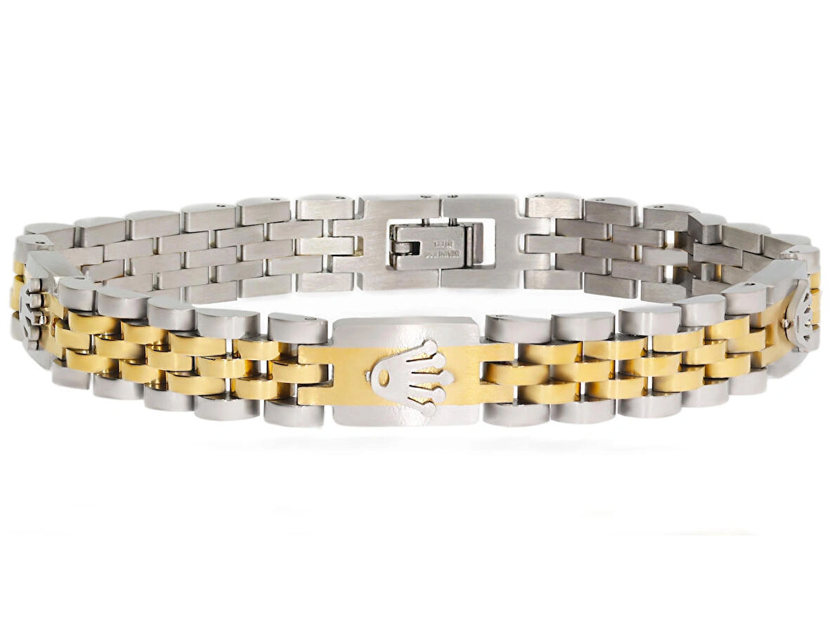 Erkek Sıralı Sembol ve Gold Renk Detay Çelik Bileklik