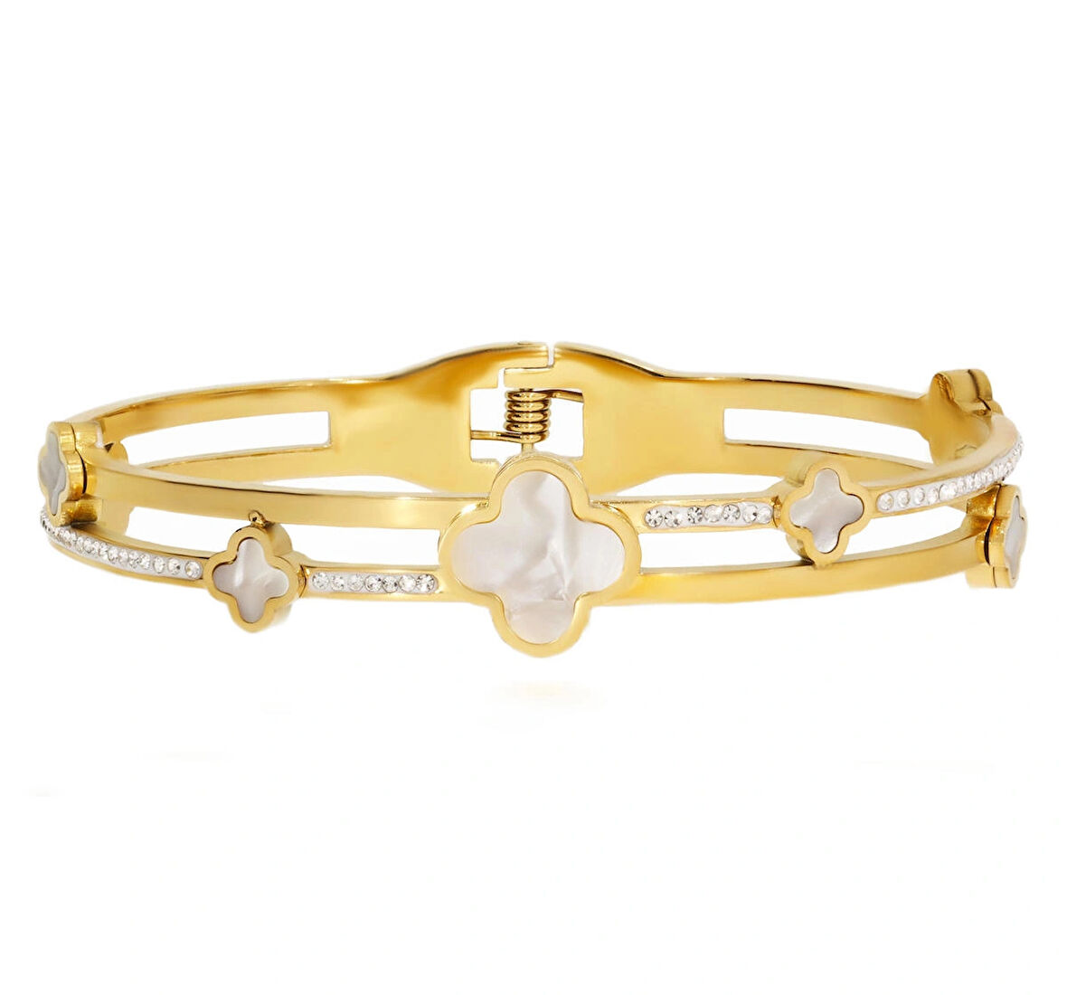 Kadın Beyaz Yonca ve Taş Model Çelik Bilezik