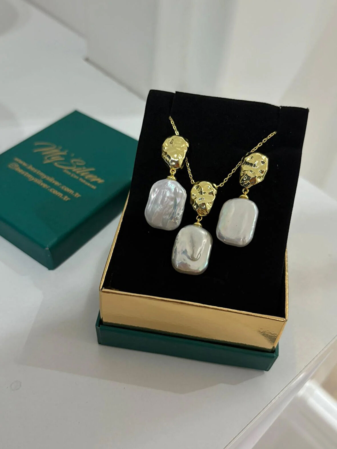 Kadın Gümüş İncili Kolye ve Küpe Takımı