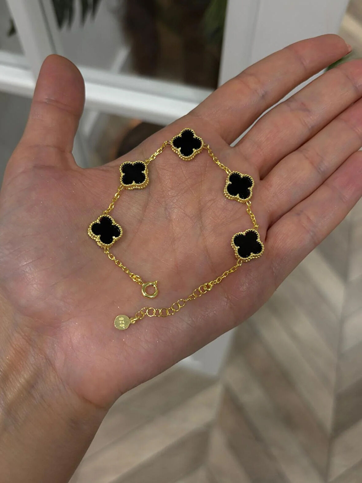 Kadın Gümüş Gold Siyah Yoncalı Bileklik