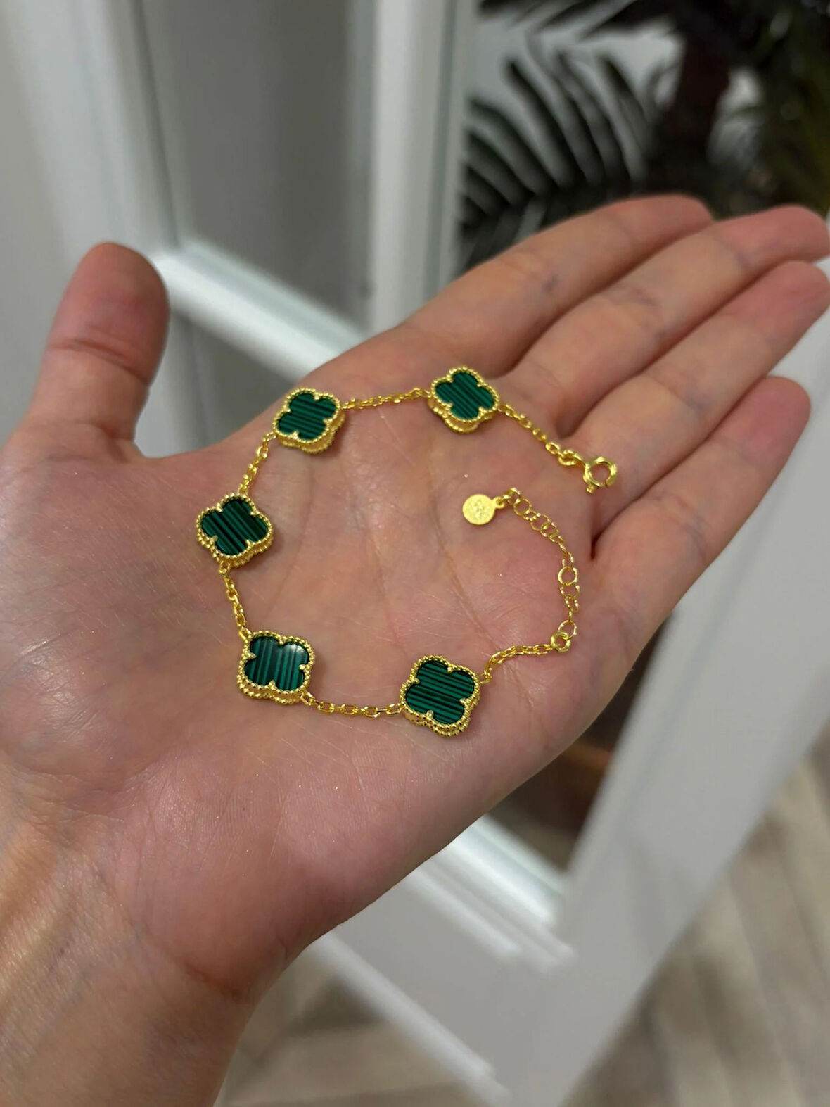 Kadın Gümüş Malahit Taşlı Yonca Bileklik