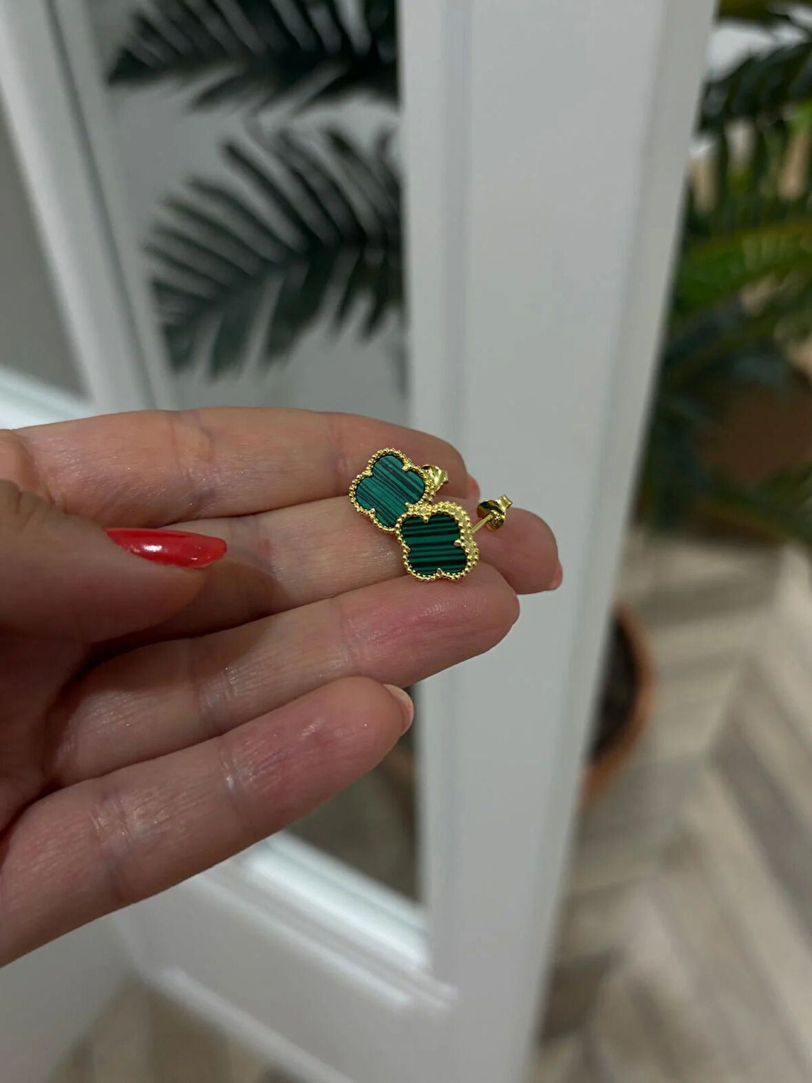 Kadın Gümüş Malahit Taşlı Yonca Küpe