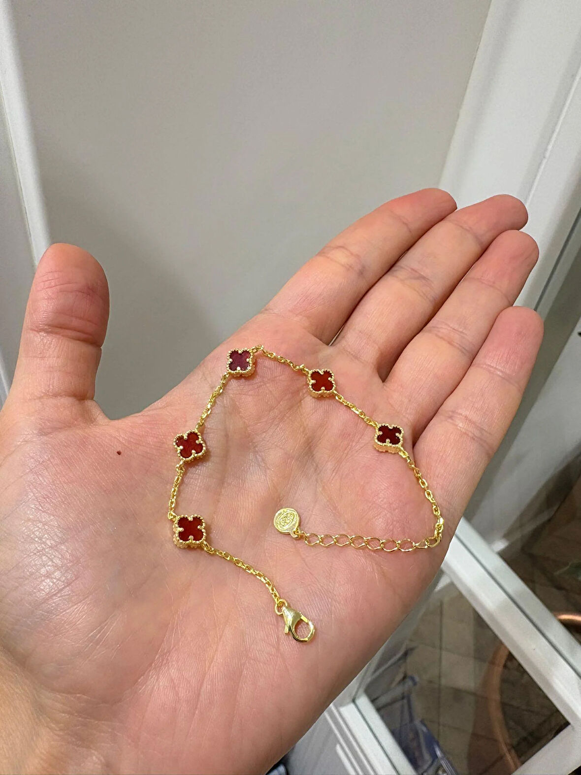 Kadın Gümüş Mini 5 Yoncalı Bordo Bileklik 