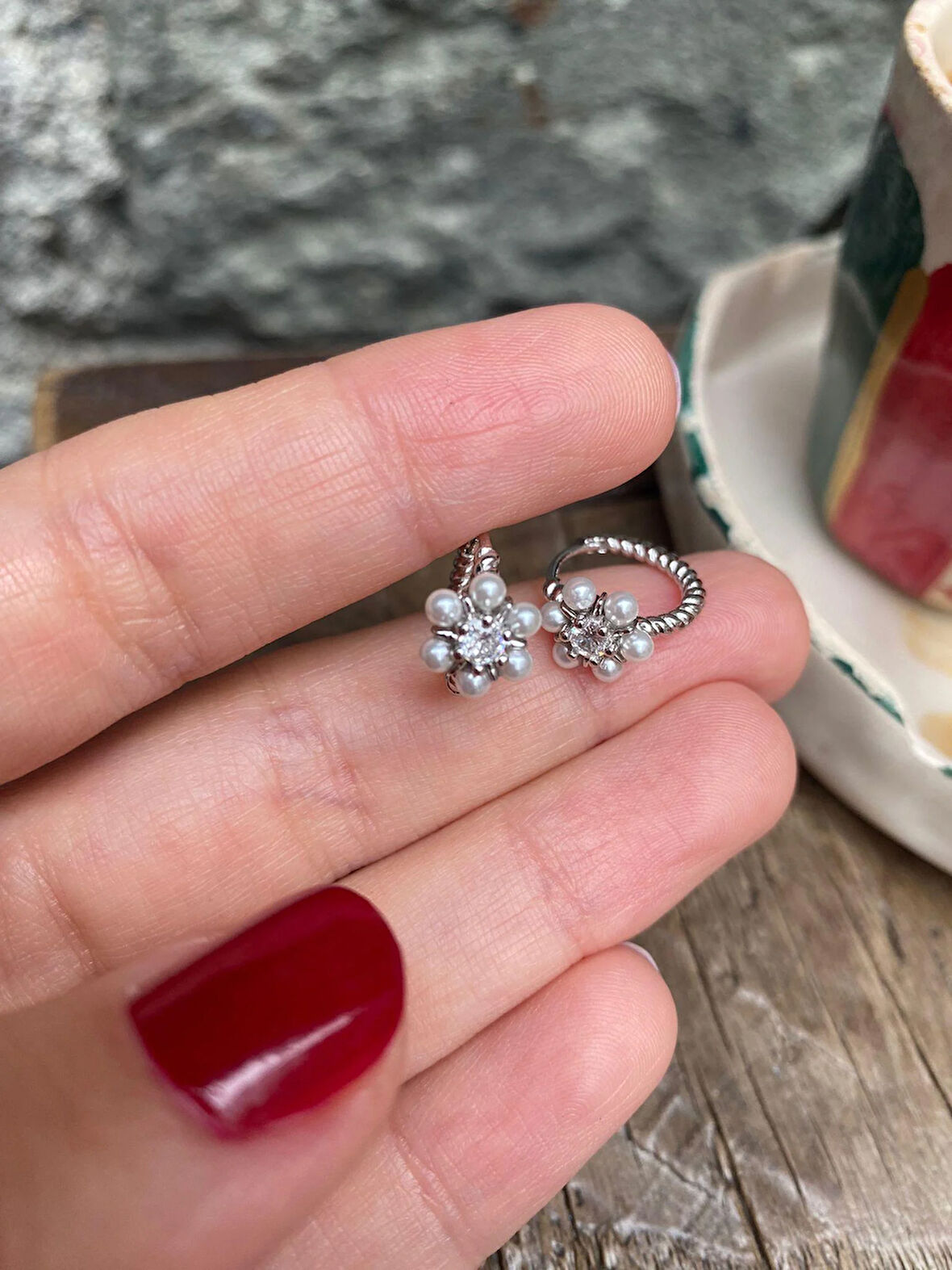 Kadın Gümüş İncili Halka Küpe 5729