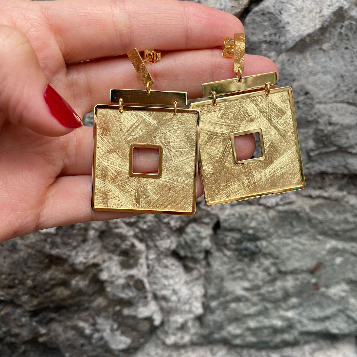 Kadın Gümüş Kare Objeli Tasarım Küpe 5705