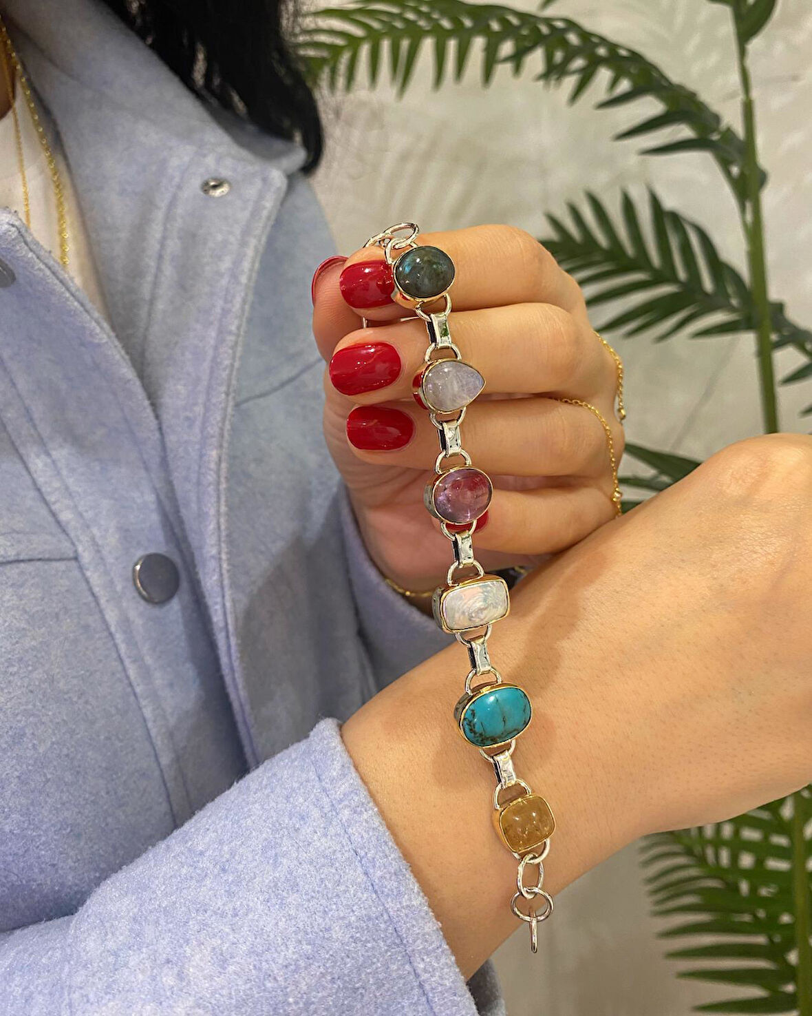 Kadın Gümüş Doğal Taşlı Tasarım Bileklik 3639