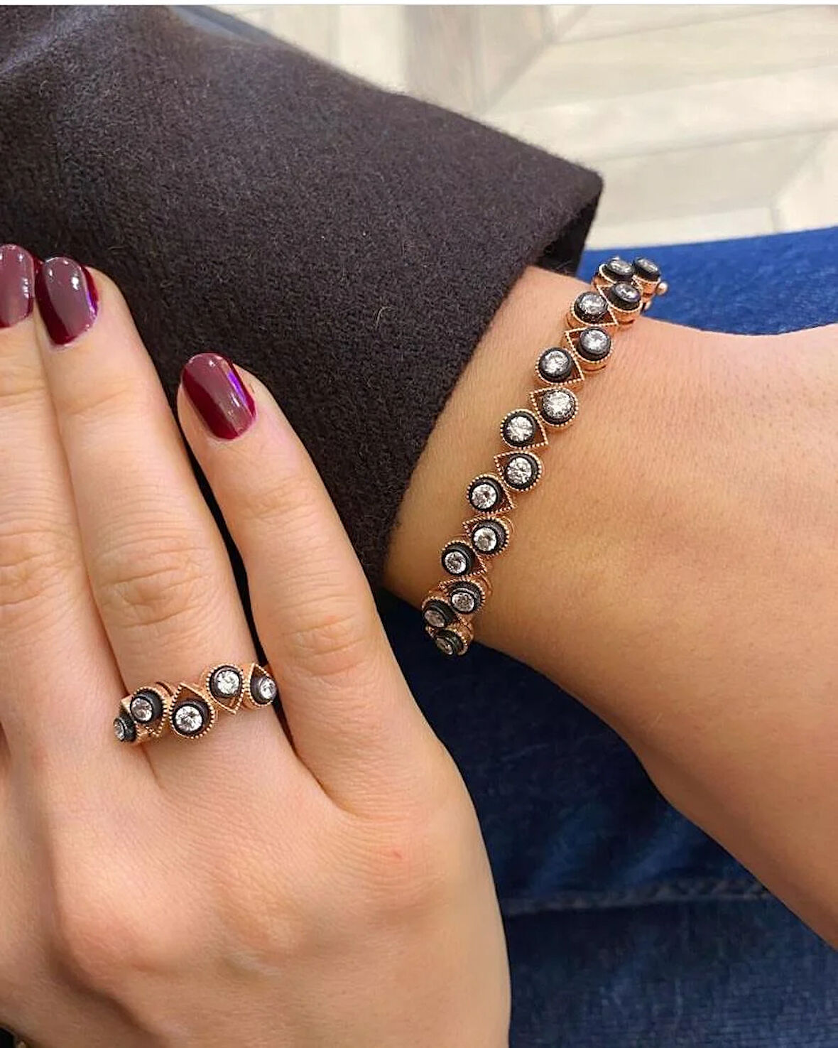 Kadın Gümüş Damla Taşlı Elmas Montür Görünümlü Yüzük Bilezik