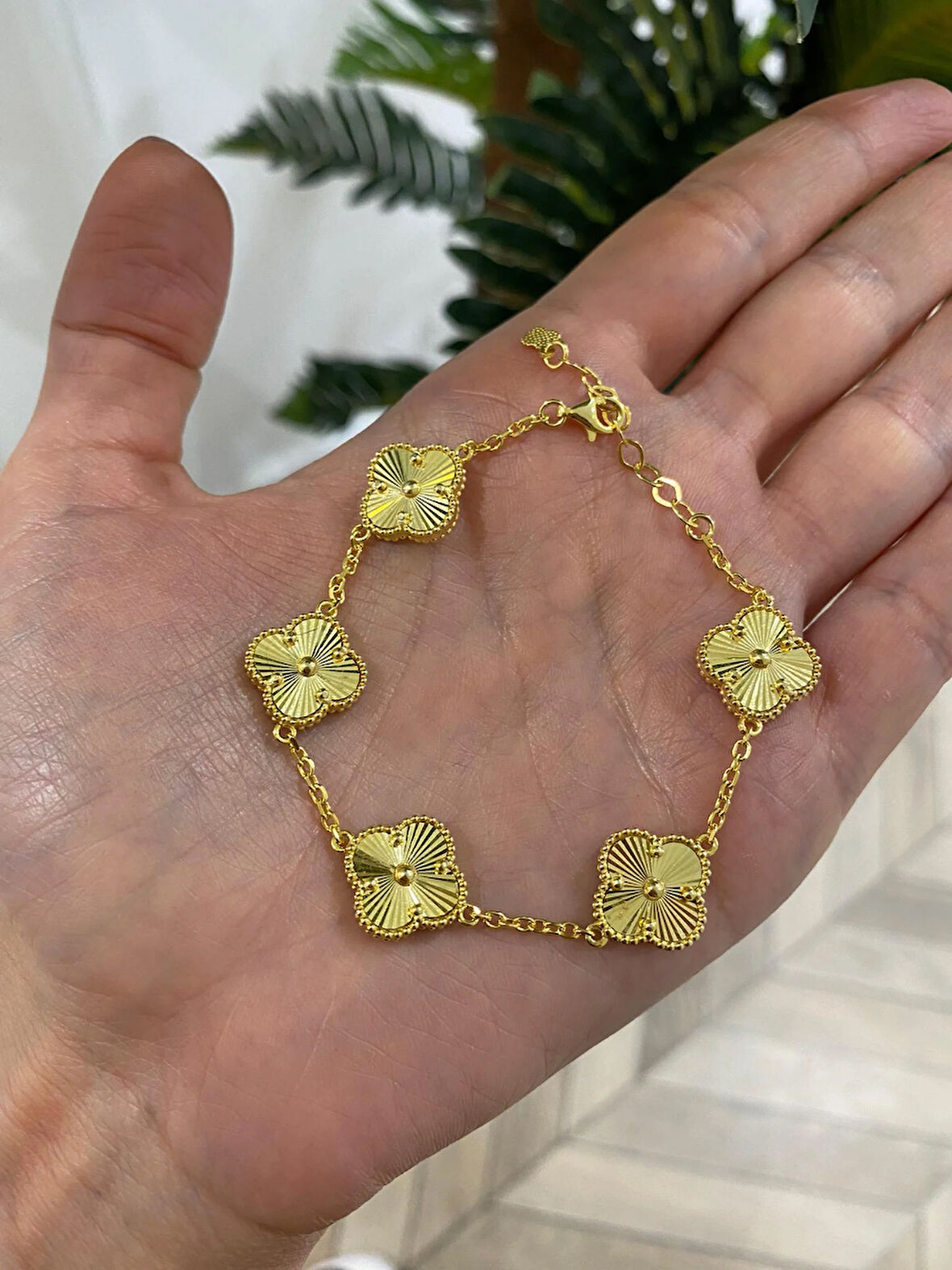 Kadın Gümüş Gold Beş Yoncalı Bileklik